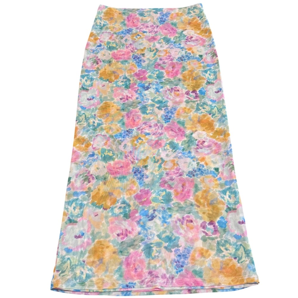 RESA Floral Watercolor Maxi Skirt Pastel Mesh Fairy Garden Small Made in LA Y2K